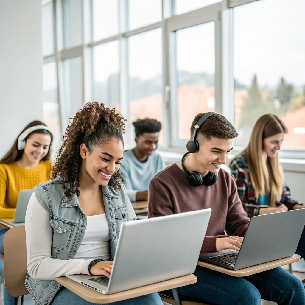 A group of students engaged in an online language course